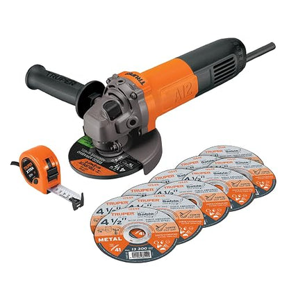 Truper COMBOE-4-1/2A12, Esmeriladora 4-1/2" 750 W, 10 discos y flexómetro