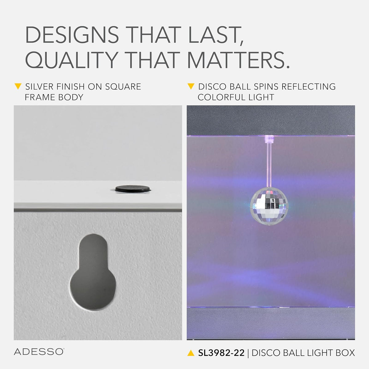 Adesso SL3982-22 Simplee Disco Ball Novedad Caja de estado de ánimo LED multicolor para mesa o montaje colgante, iluminación de pared de galería, alimentación con batería o USB, certificación ETL, 8 pies, marco plateado