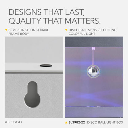 Adesso SL3982-22 Simplee Disco Ball Novedad Caja de estado de ánimo LED multicolor para mesa o montaje colgante, iluminación de pared de galería, alimentación con batería o USB, certificación ETL, 8 pies, marco plateado