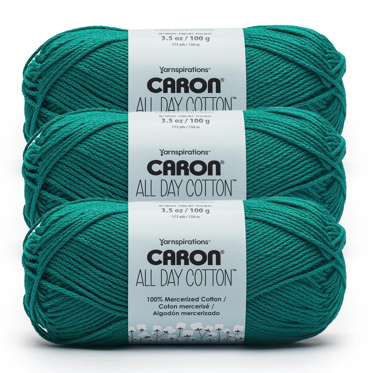 Caron All Day Cotton, Paquete de 3, 100% Algodón Mercerizado, Camisa Blanca - Jungle Aqua