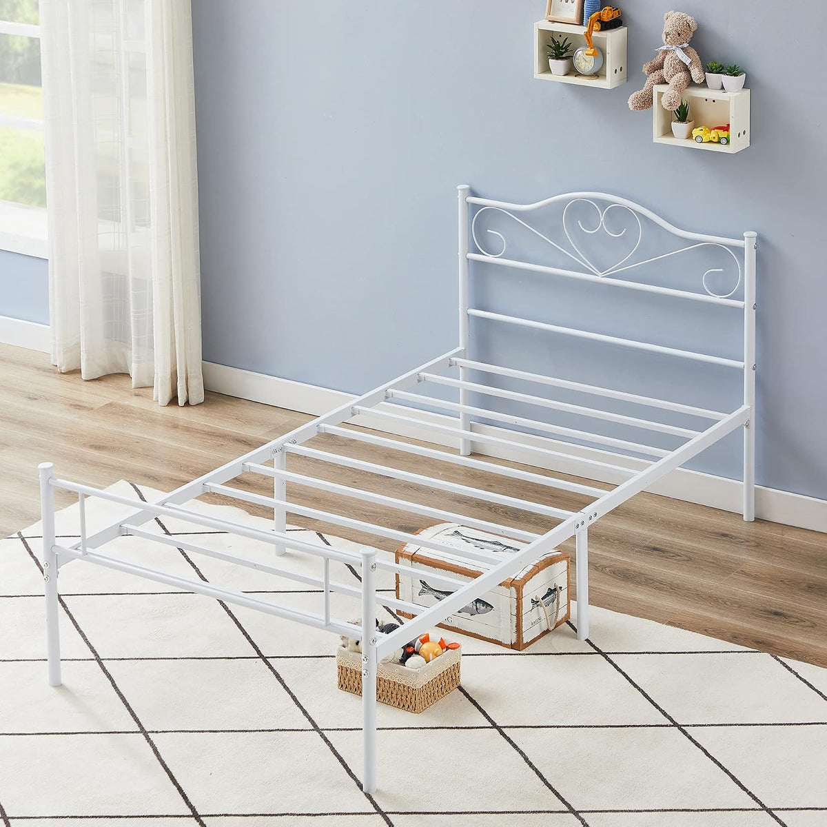 VECELO Base de Cama de Plataforma de Metal de 14 Pulgadas con cabecera y Estribo, Base de colchón Resistente con Soporte de láminas de Acero, no Necesita somier, Color Blanco