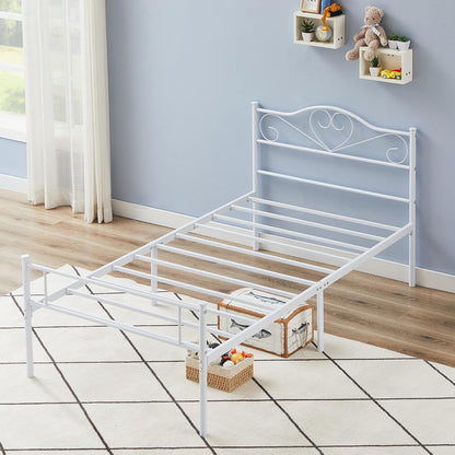 VECELO Base de Cama de Plataforma de Metal de 14 Pulgadas con cabecera y Estribo, Base de colchón Resistente con Soporte de láminas de Acero, no Necesita somier, Color Blanco