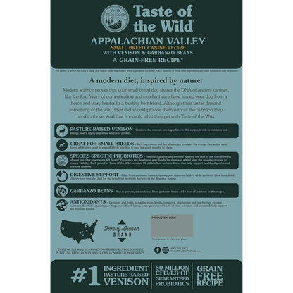 Taste Of The Wild Tow Appalachian Dry Food for Small Breed Dogs, 28 LB | Venado como ingrediente principal, ideal para razas pequeñas, sin granos, probióticos específicos para la salud digestiva