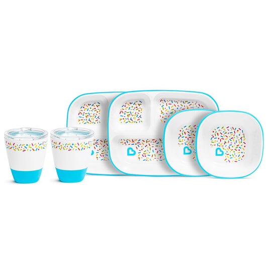 Munchkin® Splash™ Juego de suministros de alimentación para niños pequeños, incluye plato dividido, tazón y copa abierta, rociadores azules