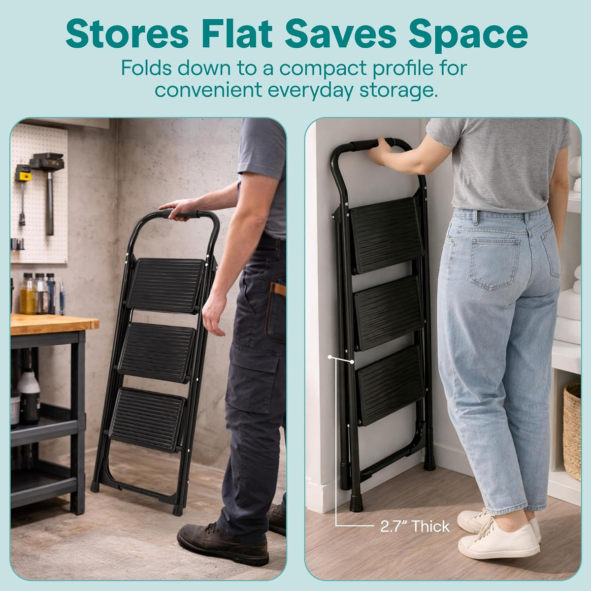 SereneLife Escalera Plegable de Acero de 3 Peldaños Anchos Antiderrapantes con Pasamanos, Capacidad de 150 kg, Ideal para Limpieza, Decoración y Tareas del Hogar