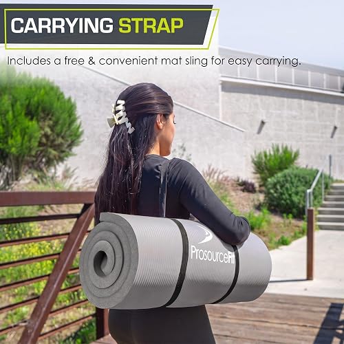 ProsourceFit - Esterilla extra gruesa para yoga y pilates de 1,3 cm (1/2 pulgada) o 2,5 cm (1 pulgada), 180 cm de largo, alta densidad, con espuma cómoda y correa de transporte, color púrpura