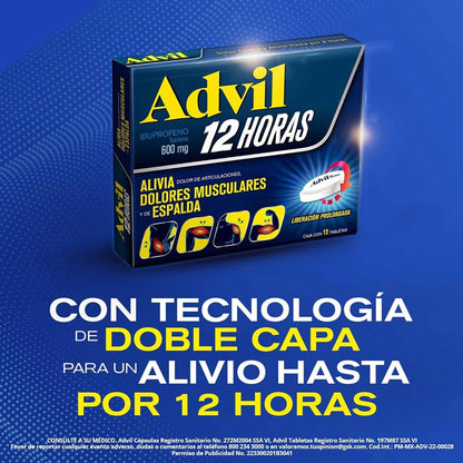 Advil 12 Horas Analgésico 600mg, Liberación Prolongada para Dolores de Articulaciones y Musculares, 12 tabletas
