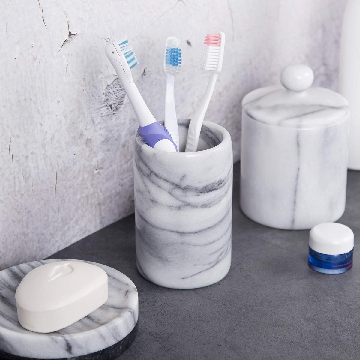 Creative Home - Soporte para Cepillo para Polvo de Dientes de mármol Natural, Organizador para encimera de baño, 8,4 cm de diámetro x 11,4 cm de Alto, Blanco Roto