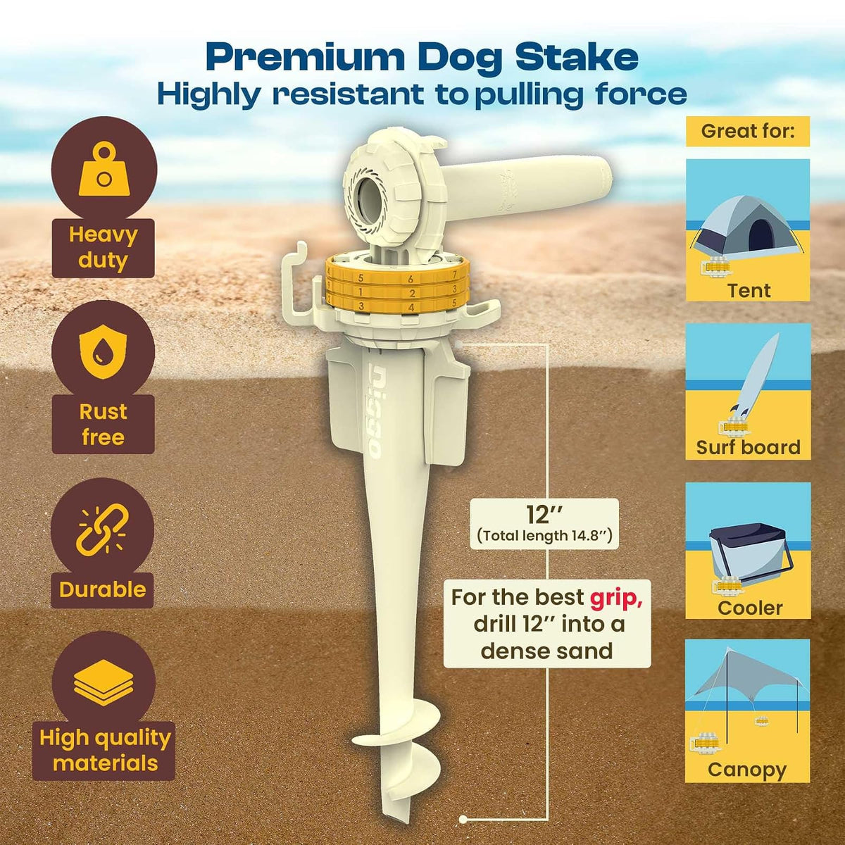DIGGO - Estaca de Amarre para Perro para Playa Perros Grandes y Perros Pequeños | Orificio de Soporte para Sombrilla | Sistema Único de Bloqueo con Combinación Giratoria