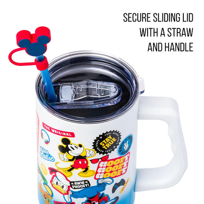 Silver Buffalo Disney Mickey y sus amigos con pato Daisy Duck, Donald Duck, Goofy, Pluto, Minnie Calcomanías de acero inoxidable con mango y popote, se adapta a portavasos estándar, 40 onzas