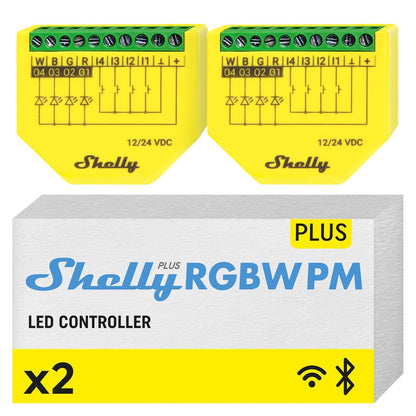 Shelly Plus RGBW PM - Módulo Controlador RGBW Para Tiras LED Wi-Fi Y Bluetooth, 12-24 VDC, Medidor De Consumo Eléctrico Integrado, No Necesita Hub, Aplicación iOS, Android (2 Piezas)
