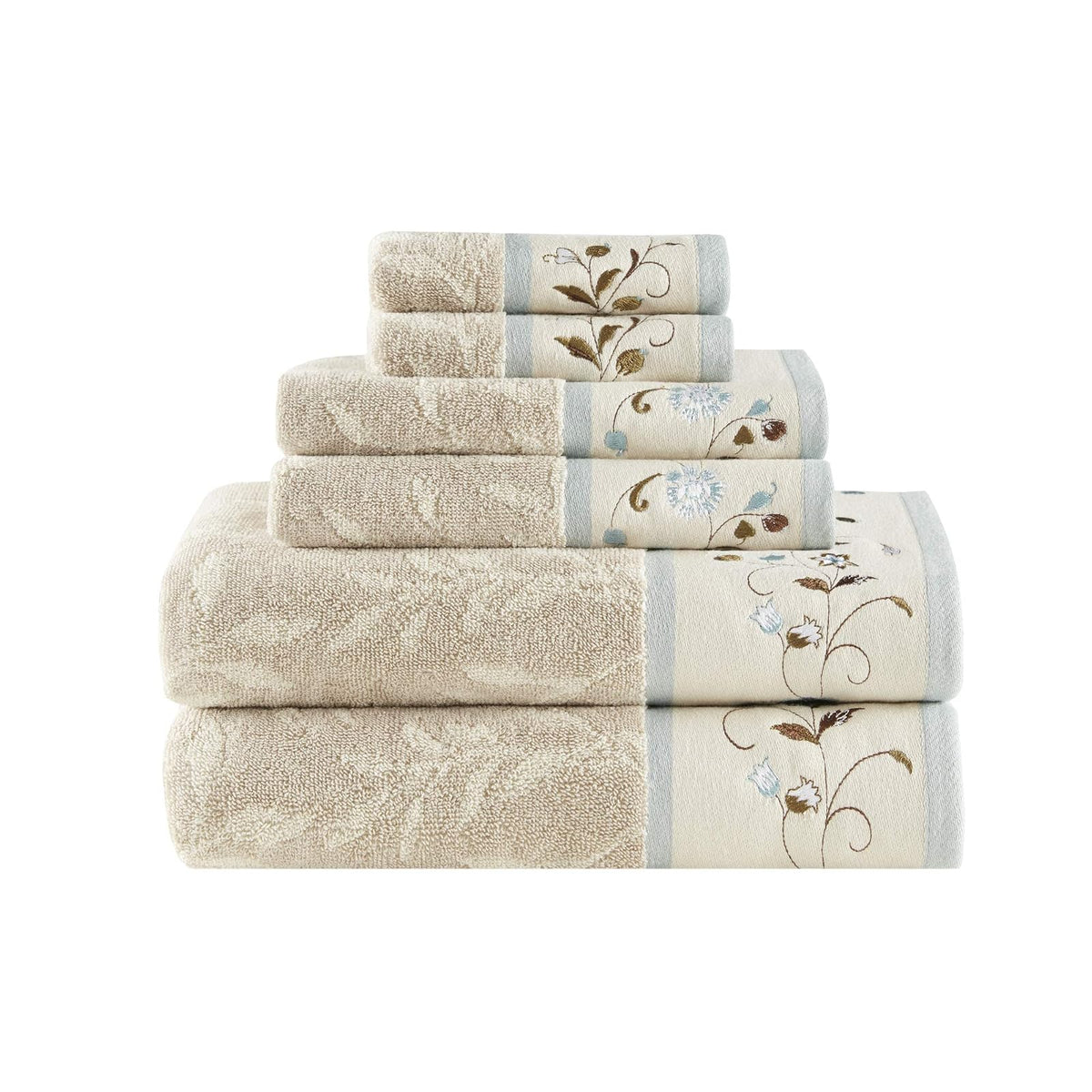 Madison Park Serene - Juego de Toallas de baño 100% algodón, lujosas Toallas Decorativas Florales para baño, diseño de Jacquard de algodón Bordado, Suave, Altamente Absorbente para Ducha, 600 g/m², - 4 - crema, azul