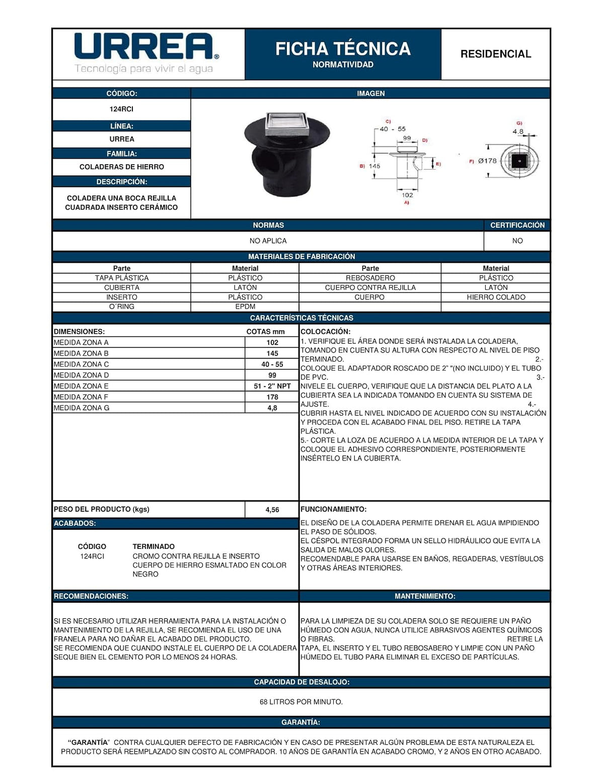 URREA 124RCI Coladera de hierro Una Boca Rejilla Cuadrada Inserto Cerámico 18 Cm