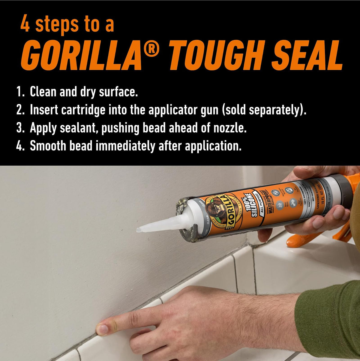 Gorilla 8050002 Clear 100Percentsilicone Sealant, 10 Oz., Clear | Resistente al moho y al moho, sellador flexible multiusos, secado rápido en 30 minutos, uso en interiores y exteriores