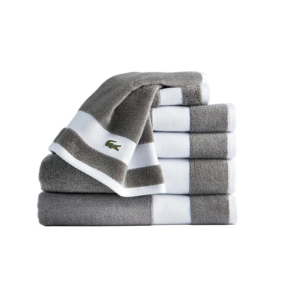 Lacoste Sport Stripe - Juego de toallas de algodón de lujo de 6 piezas, fabricadas con 100% algodón Supima suave, absorbente y de secado rápido, incluye 2 toallas de baño, 2 toallas de mano, 2 toallas - Meteorita