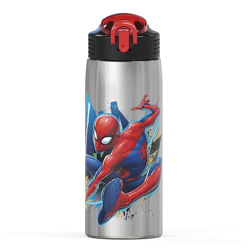 Zak Designs - Botella de agua Marvel 18/8 de acero inoxidable de una sola pared de 27 oz con popote abatible y tapa con cierre, taza duradera para deportes o viajes (27 oz, Spider-Man)
