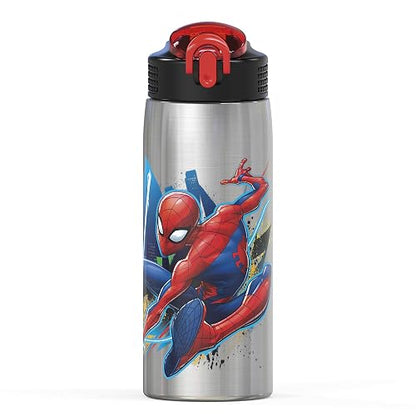 Zak Designs - Botella de agua Marvel 18/8 de acero inoxidable de una sola pared de 27 oz con popote abatible y tapa con cierre, taza duradera para deportes o viajes (27 oz, Spider-Man)