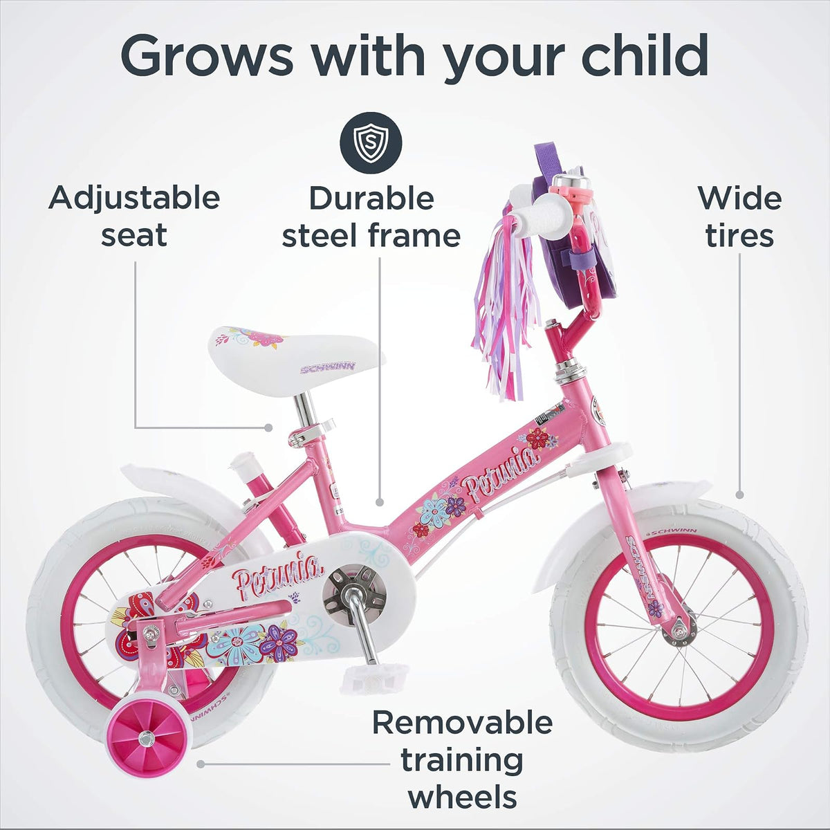 Schwinn Grit and Petunia Push Steer and Ride Bicicleta para niños, para niños y niñas de 2 a 4 años, Altura del Ciclista 28 a 38 Pulgadas, Ruedas de 12 Pulgadas, Ruedas de Entrenamiento, Mango de
