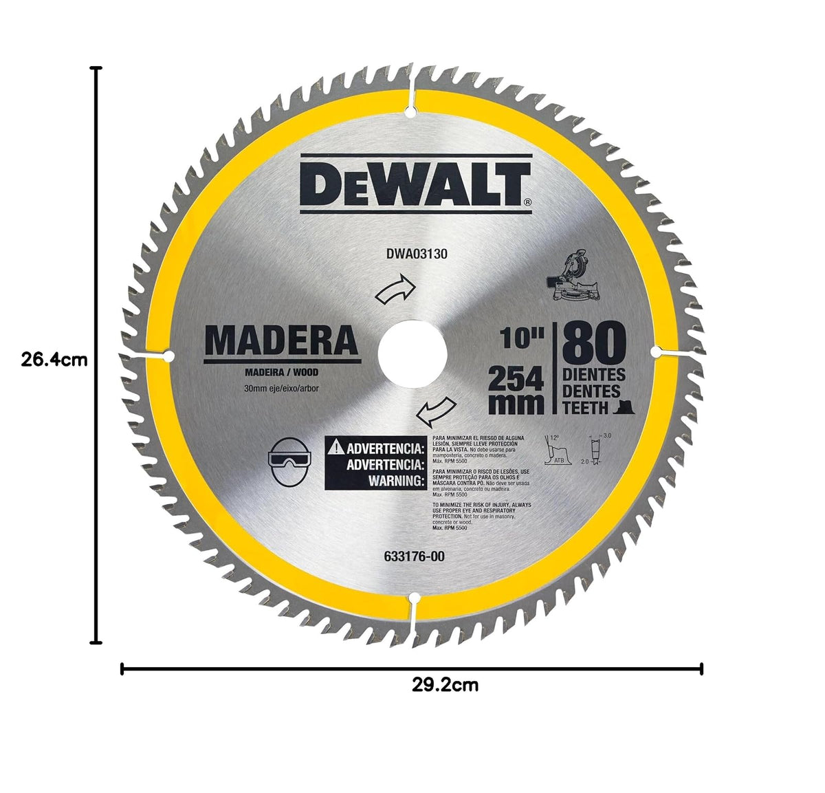 DEWALT Disco Sierra Circular 10 pul 254 mm 80 Dientes Carburo Para Madera y MDF DWA03130