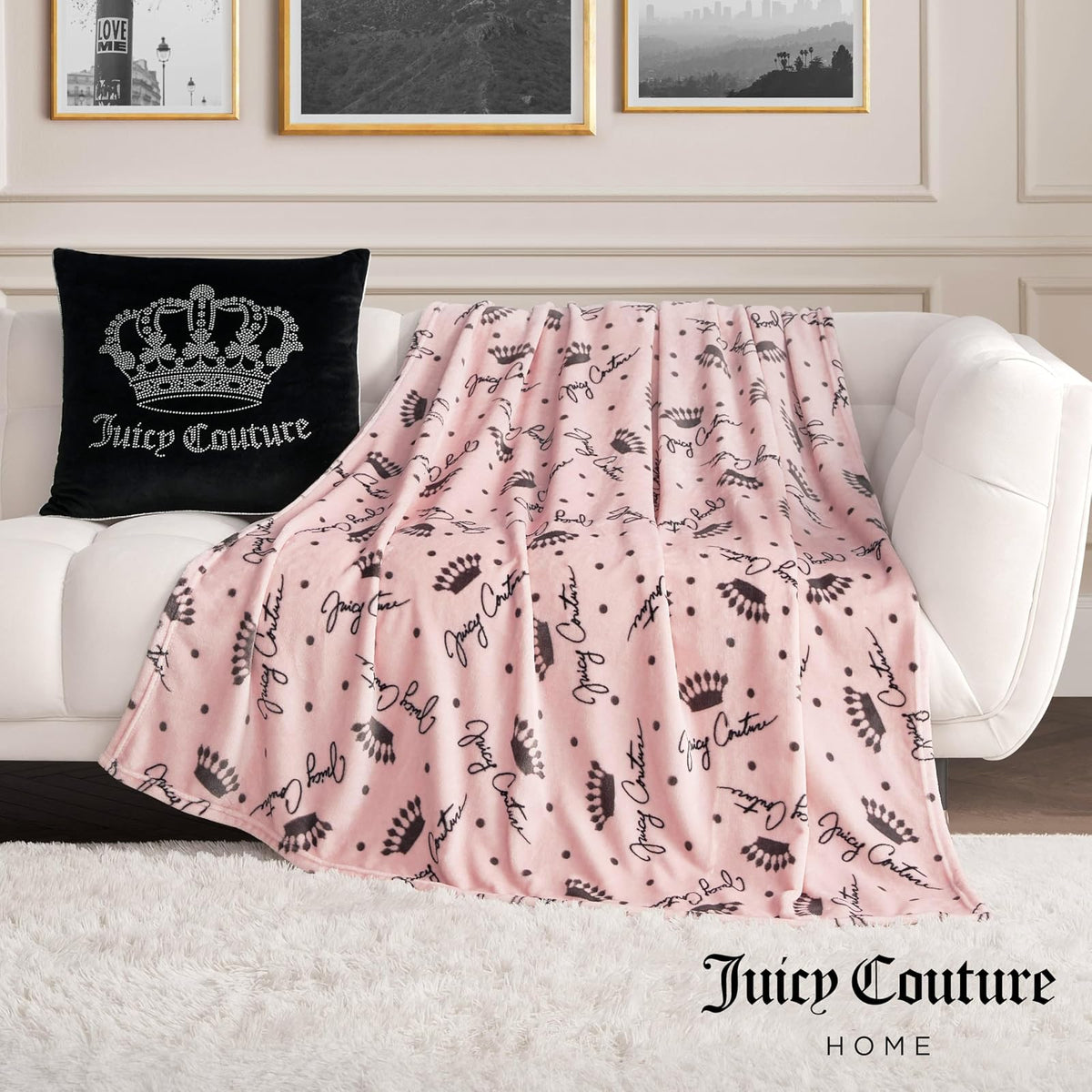 Juicy Couture - Manta de Tiro | Crown Royal | Felpa y acogedora | Mantas Decorativas para sofás, sillas y Camas, Lujosa y Suave, decoración Elegante del hogar, Mide 50 x 70 Pulgadas, Color Rubor/Gris