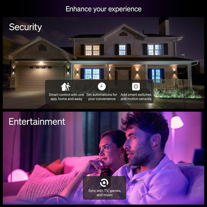 Philips Hue Foco LED inteligente esencial A19, Ambientación blanca y de color, base E26, 8.8W, 2200K-6500K, 800 lúmenes, regulable, funciona con Alexa, Google y Apple Home, paquete de 2