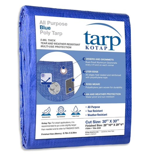 Kotap TRA-3030 - Lona de Polietileno Impermeable Multiusos de 5 mil, tamaño de Corte: 30 x 30 pies/tamaño Terminado: 28 pies 10 Pulgadas x 29 pies 4 Pulgadas, Azul