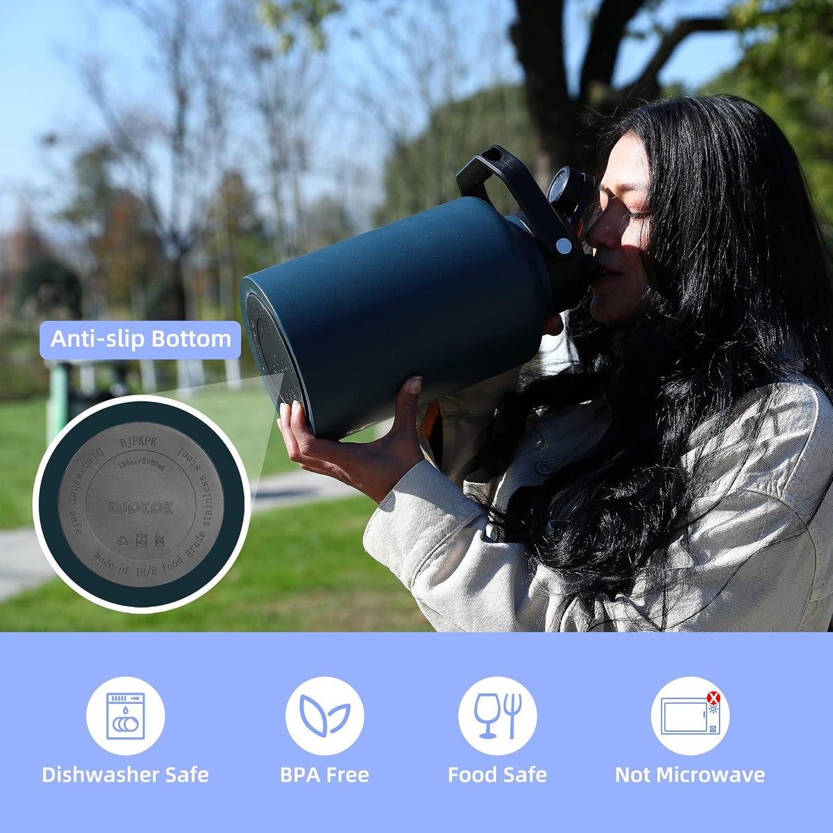 BJPKPK Botella de agua aislada de un galón (128 onzas), apta para lavaplatos, termo de acero inoxidable, sin BPA, con mango ergonómico y parte inferior antideslizante, botella de agua grande, azul