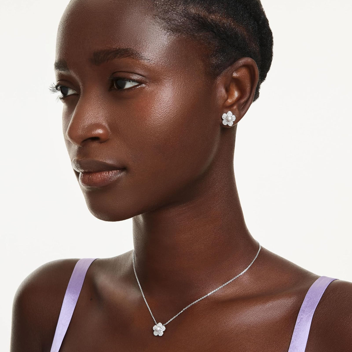 Juego de collar y arete de Swarovski x Ariana Grande, acabado rodio, colección oficial de joyas Ariana Grande