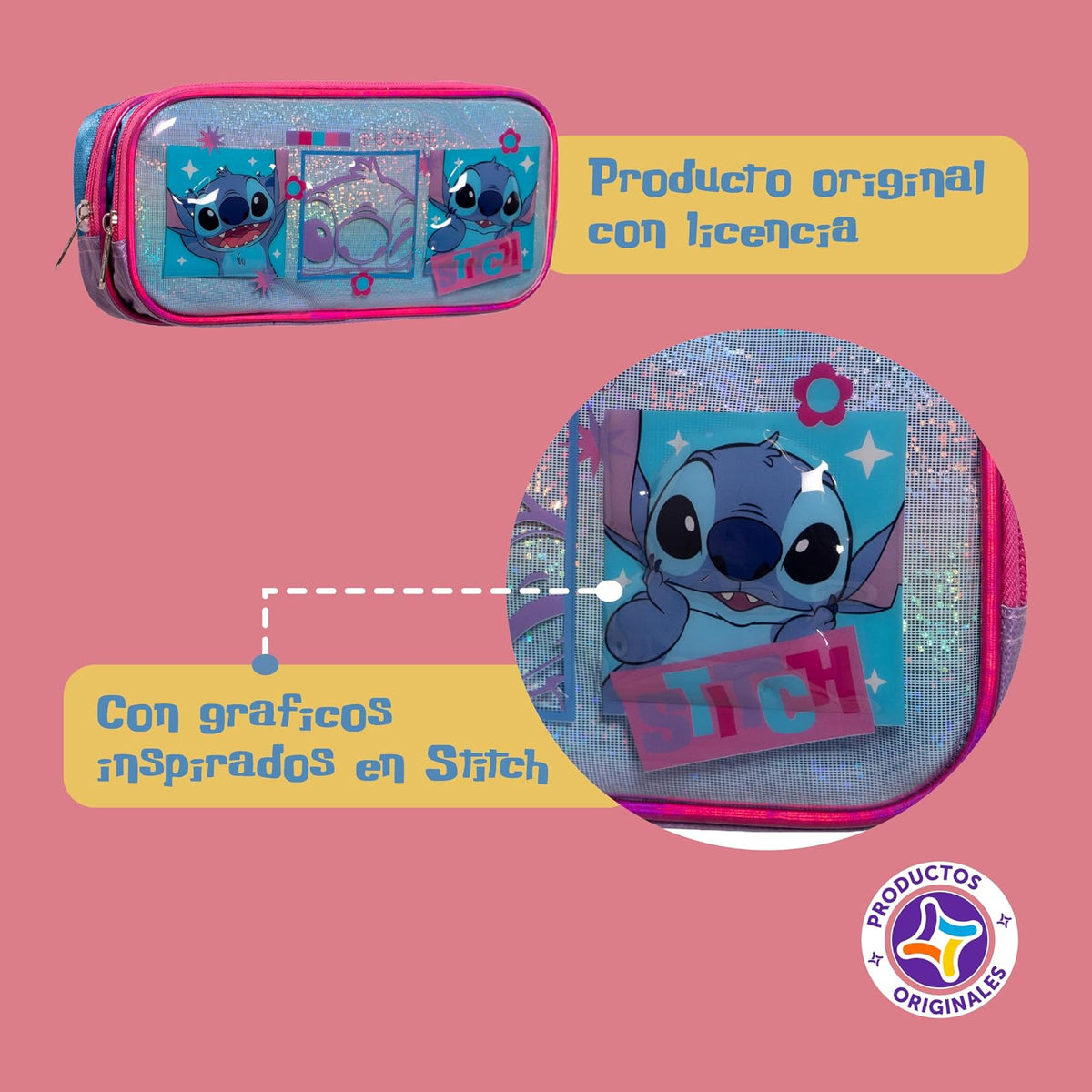 Ruz Lapicera Doble Infantil y Preescolar | Stitch | 100% Poliéster | Bolsa Escolar para Niños con Bolsillos Organizadores y Cierre de Cremallera | Recomendado desde 3 años