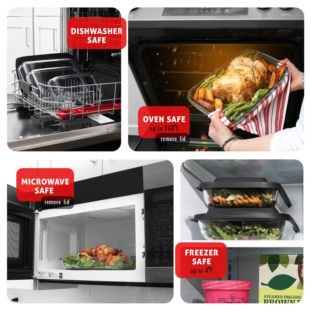 EATEX - Cazuela de vidrio profundo de 8 piezas para horno con tapas de plástico, platos de horno de vidrio para horno, utensilios rectangulares para hornear para lasaña, cocina, sobras, cocina