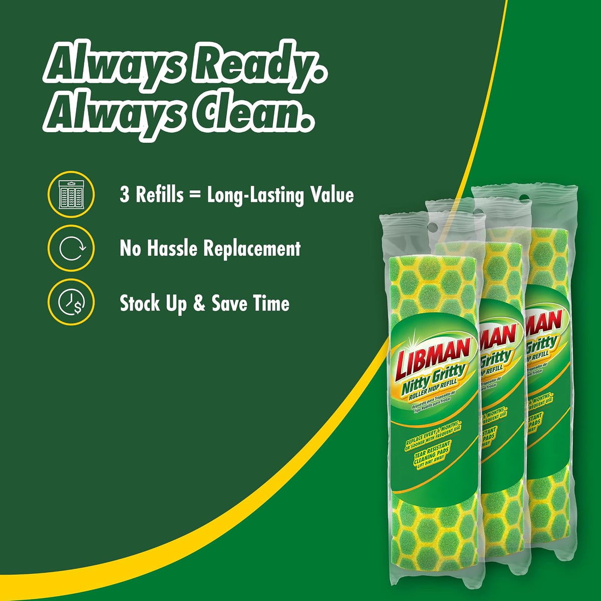 Libman Nitty Gritty - Recambios para mopa Rodillo, Verde, Amarillo, Paquete de 3