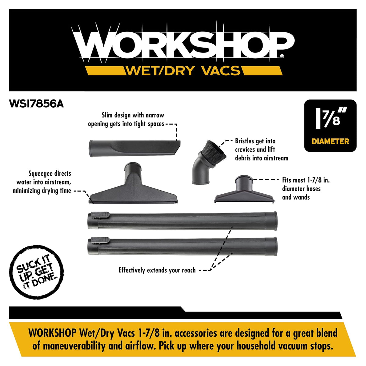 WORKSHOP WS17856A - Kit de fijación de bloqueo para aspiradoras húmedas y secas (6 piezas) para aspiradoras húmedas y secas, se adapta a la mayoría de varitas y mangueras de extensión de 1-7/8