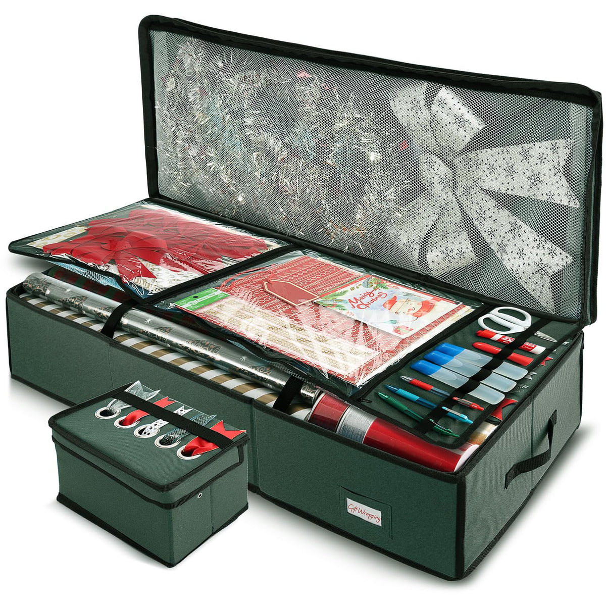 Hearth & Harbor - Contenedor de almacenamiento de papel de regalo con cinta organizador de almacenamiento - Bolsa de almacenamiento de Navidad con bolsillos interiores extras - Organizador de regalo - Mediano con dispensador - Verde