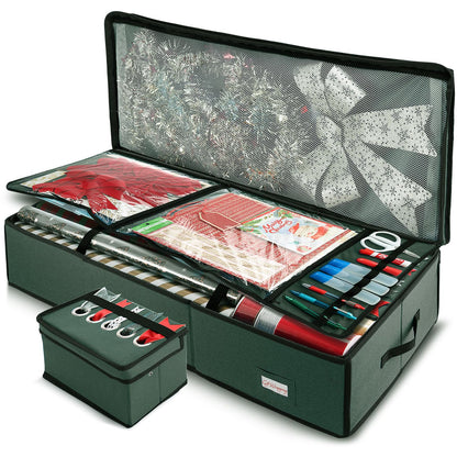 Hearth & Harbor - Contenedor de almacenamiento de papel de regalo con cinta organizador de almacenamiento - Bolsa de almacenamiento de Navidad con bolsillos interiores extras - Organizador de regalo - Mediano con dispensador - Verde