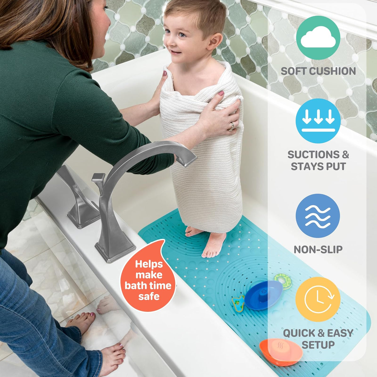 Nuby - Alfombrilla de baño Acolchada para bebés y niños pequeños, Alfombrilla Antideslizante para Ducha y Tina con ventosas, Color Aguamarina