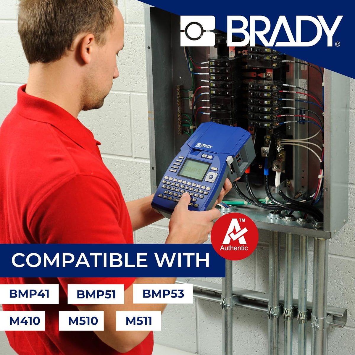 Brady Authentic (M4-90-427) Etiquetas de vinilo autolaminadas alrededor de 1.5 pulgadas de alto x 0.75 pulgadas de ancho, negro sobre blanco, transparente, 180 etiquetas Para uso con impresoras de