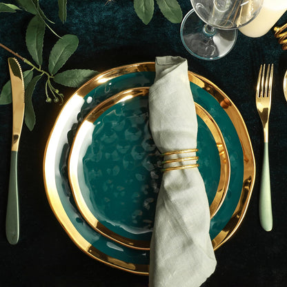 Stone Lain - Vajilla de porcelana de 16 piezas, servicio para 4, verde con ribete dorado