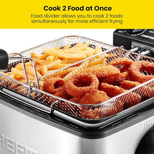 Chefman - Freidora doble Cook Pro de 4.5 L con colador de cesta y divisor extraíble, tamaño jumbo XL, temperatura ajustable y temporizador, perfecta para pollo, patatas fritas, patatas fritas y más,