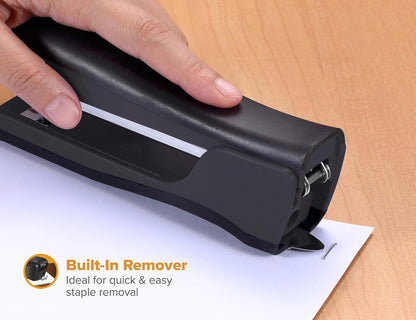 Bostitch Office Eco-Friendly Dynamo - Grapadora de pie 4 en 1, incluye 420 grapas, capacidad de 20 hojas, sacapuntas de lápiz integrado, removedor de grapas y almacenamiento de grapas, color negro