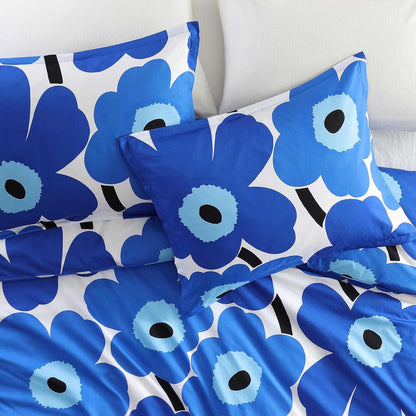 MARIMEKKO - Juego de Funda de edredón Reversible tamaño Full/Queen, percal de algodón con Fundas Decorativas a Juego, diseño Floral Unikko en Azul, Ropa de Cama para el hogar