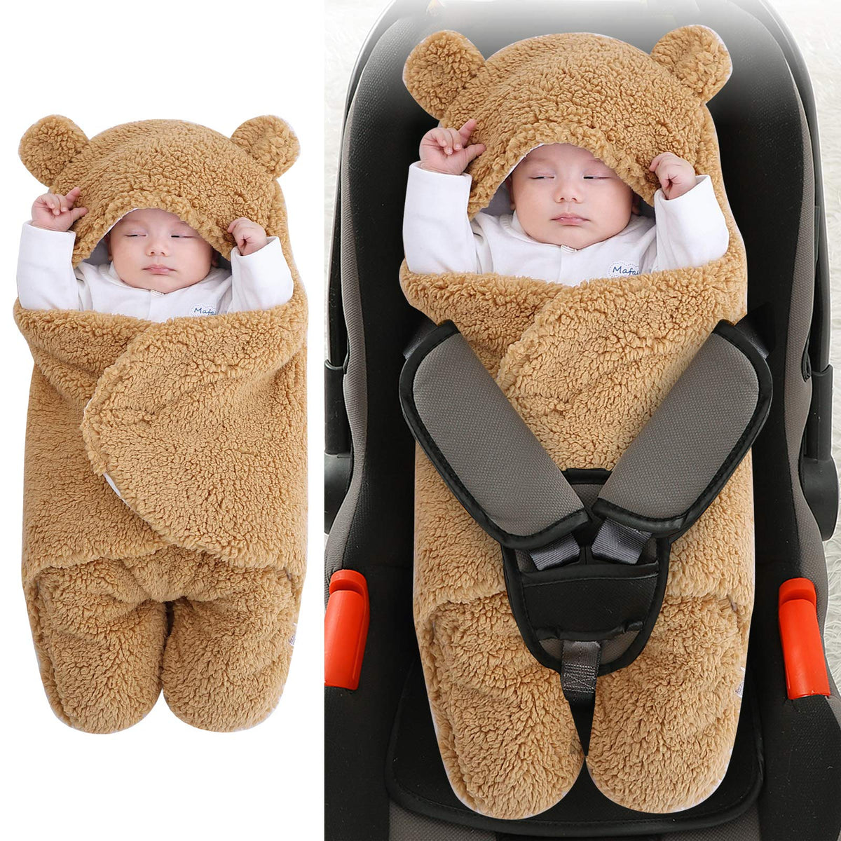 Manta de Felpa para bebé recién Nacido, Manta de recepción Suave con Capucha, Saco de Dormir para niñas de 0 a 6 Meses, Color Caqui