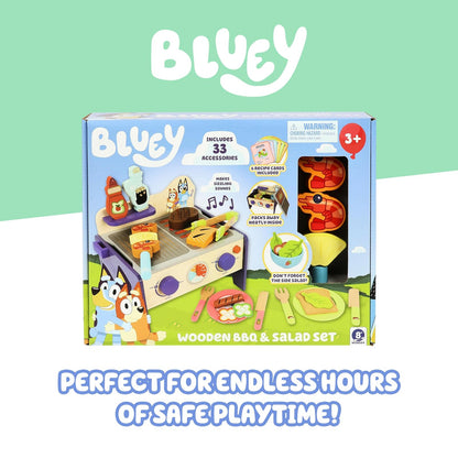 Bluey 8th Wonder - Juego de Juguetes de Madera para Ensalada y Parrilla de Barbacoa, Juego de 33 Piezas, con Pinzas, Alimentos y 6 Tarjetas de Receta, Juguetes de Cocina para niños a Partir de 3 años