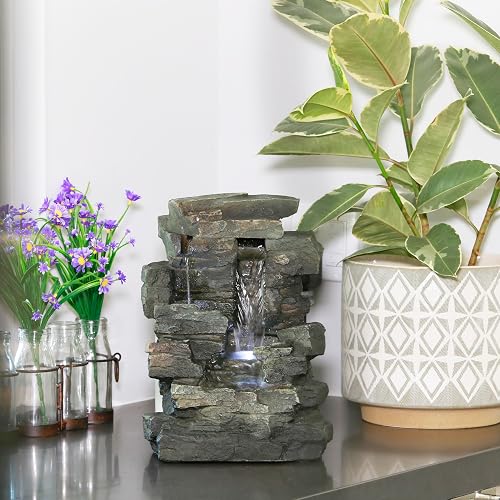 Alpine Corporation WIN220 Fuente de Cascada de Rocas Calmantes de 4 Niveles para Mesa Interior con Luces LED, 13", Gris