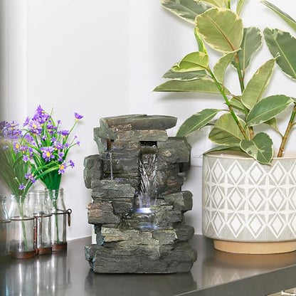 Alpine Corporation WIN220 Fuente de Cascada de Rocas Calmantes de 4 Niveles para Mesa Interior con Luces LED, 13", Gris