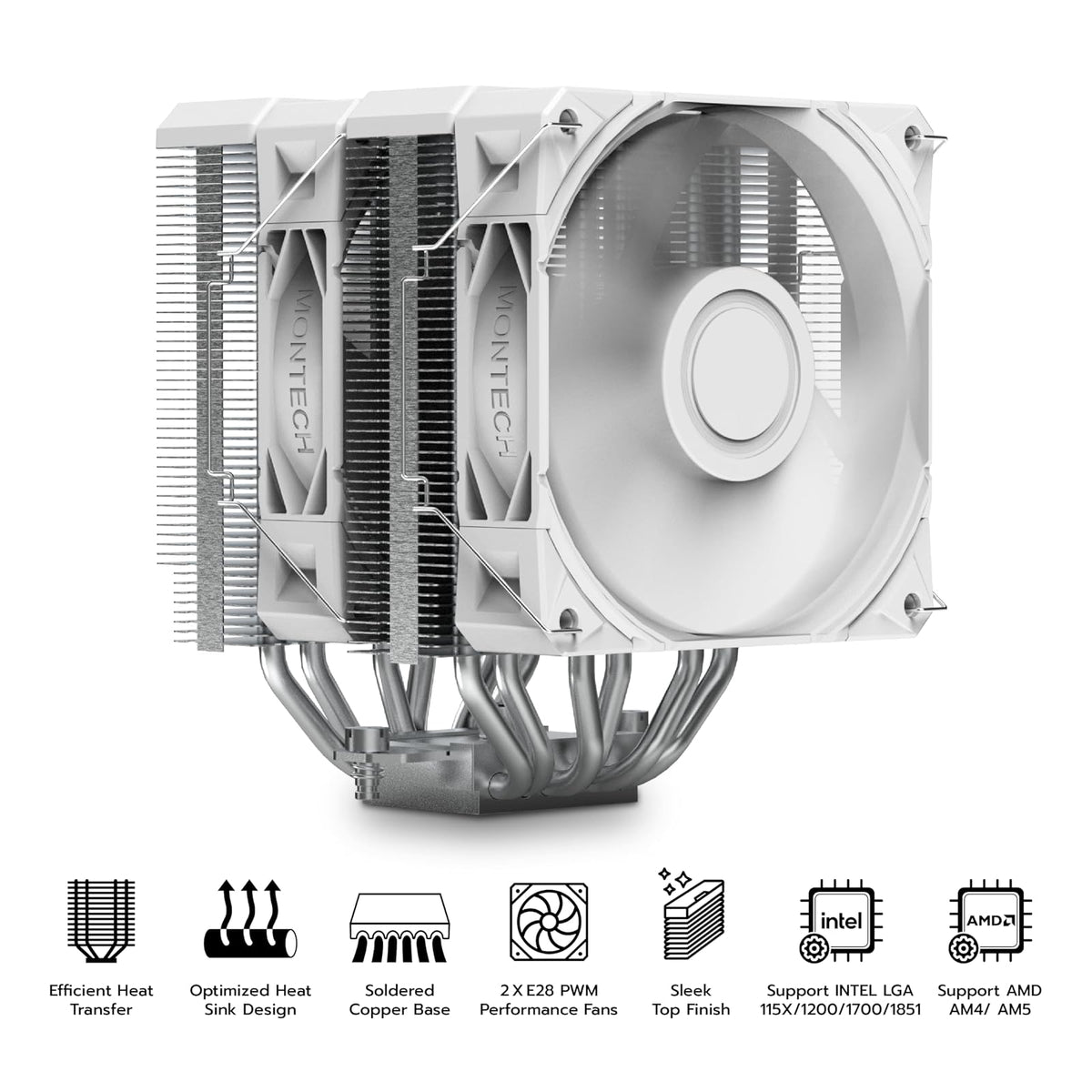 MONTECH NX600 - Enfriador de aire para CPU de doble torre, 6 tubos de calor | Soporte de enchufe AMD AM5/AM4 e Intel LGA1851/1700, altura de 160 mm, base de cobre soldado, refrigeración de flujo de aire