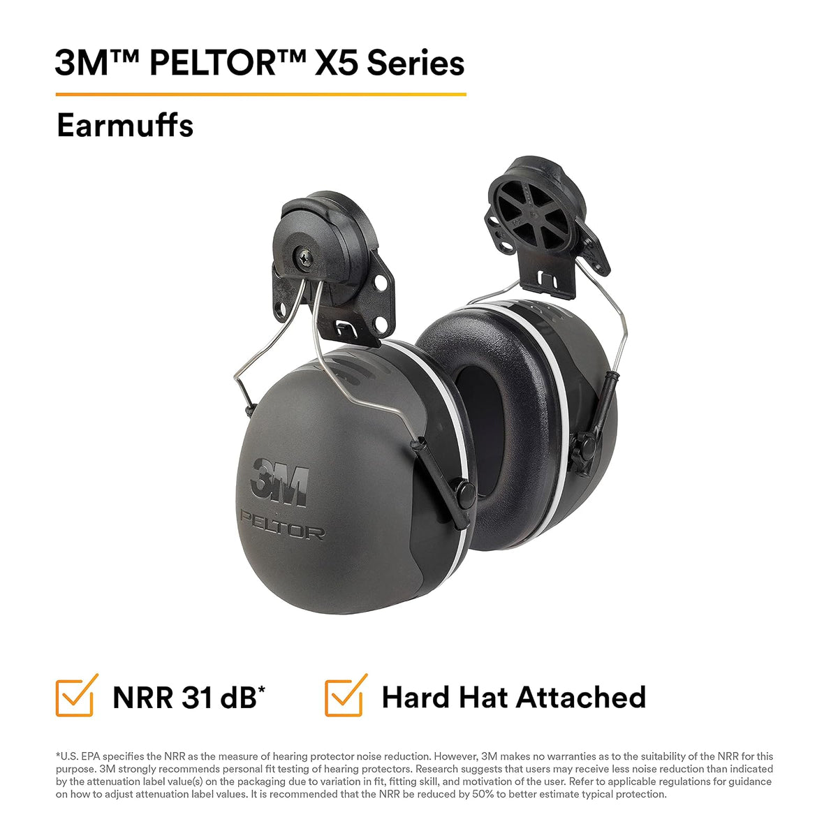 3M PELTOR - Orejeras, protección contra el ruido, accesorio para sombrero duro, NRR 31 dB, construcción, fabricación, mantenimiento, automoción, carpintería, ingeniería pesada, minería, X5P3E, negro
