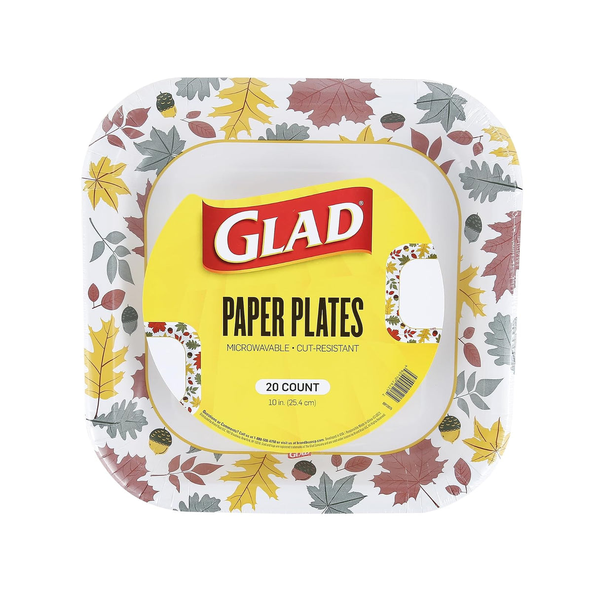 Glad Platos de Papel Desechables Cuadrados, Patrón de Follaje Otoñal - Fuertes, Resistentes, Impermeables y Aptos para Microondas, Platos Decorativos para Cena y Uso Diario, 10 Pulgadas, 20 Unidades