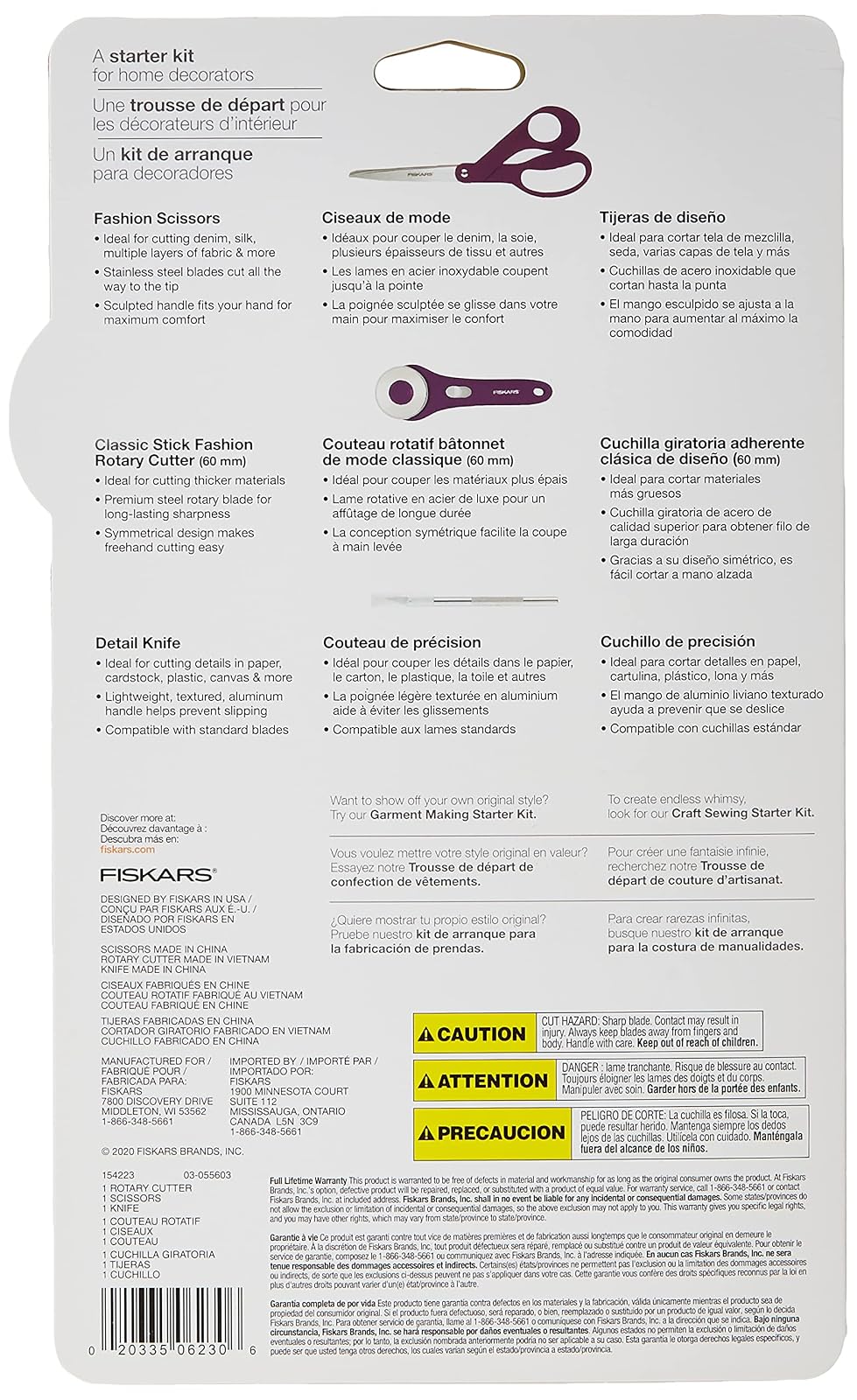 Fiskars Decor - Juego de 3 piezas de cortador giratorio, cuchillo y tijeras de 8 pulgadas, decoración del hogar, color morado 3 unidades