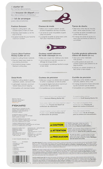 Fiskars Decor - Juego de 3 piezas de cortador giratorio, cuchillo y tijeras de 8 pulgadas, decoración del hogar, color morado 3 unidades
