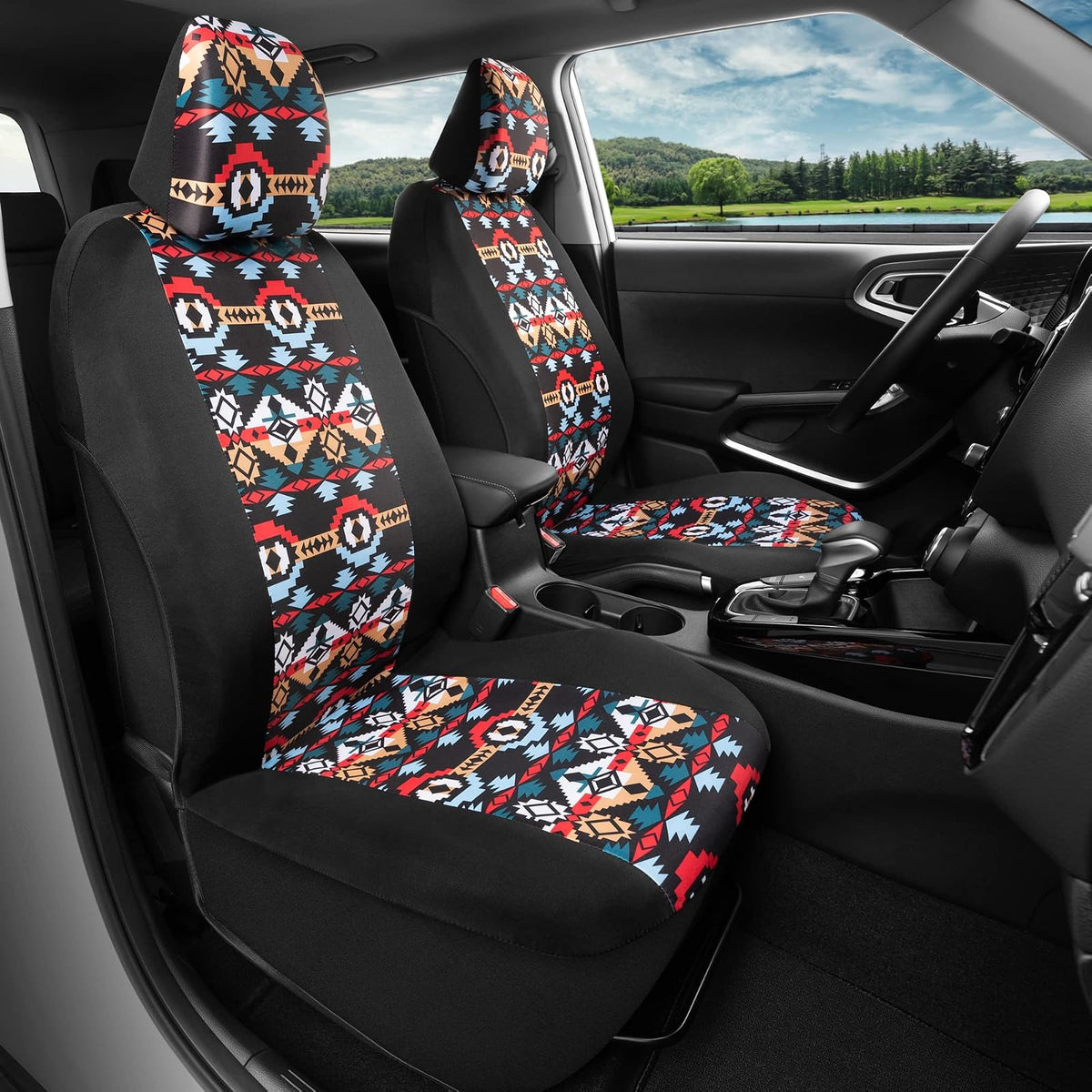 BDK Fundas de Asiento Azul Azteca | Paquete de 2, asientos delanteros, diseño sin laterales, ajuste universal, reposacabezas a juego